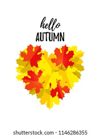 Hello Autumn greeting card with a Heart of Autumn leaves isolated on white. Fall design template, print for t-shirt. Flat style Vector illustration