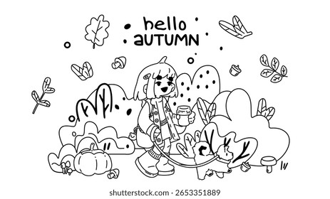 Hello Autumn Greeting Card Illustration. Cute cartoon girl walking dog with coffee in autumn forest, surrounded by leaves, pumpkin and seasonal elements.