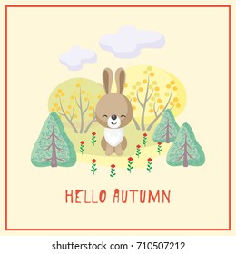 Hello autumn. Greeting card with the image of cute forest animal and trees in cartoon style. Children’s illustration. 