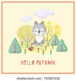 Hello autumn. Greeting card with the image of cute forest animal and trees in cartoon style. Children’s illustration. 