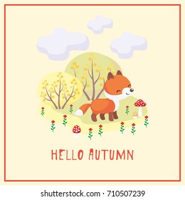 Hello autumn. Greeting card with the image of cute forest animal and trees in cartoon style. Children’s illustration. 