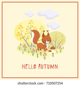 Hello autumn. Greeting card with the image of cute forest animal and trees in cartoon style. Children’s illustration. 