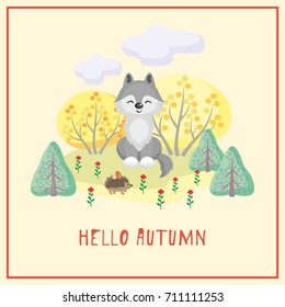 Hello autumn. Greeting card with the image of cute forest animal and trees in cartoon style. Children’s illustration. 
