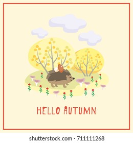 Hello autumn. Greeting card with the image of cute forest animal and trees in cartoon style. Children’s illustration. 
