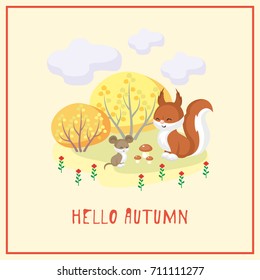 Hello autumn. Greeting card with the image of cute forest animal and trees in cartoon style. Children’s illustration. 