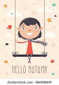 Hello Autumn. Greeting Card with Smiling Girl Sitting on a Swing on an Autumn Day. flat Design Style. 