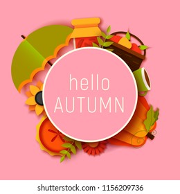 hello autumn greeting card template. Fall illustration with paper cut flowers, leaves, pumpkin, pie, umbrella. jam, cup, fruits banner in trendy craft style.