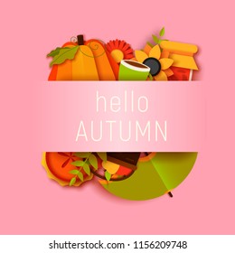 hello autumn greeting card template. Fall illustration with paper cut flowers, leaves, pumpkin, pie, umbrella. jam, cup, fruits banner in trendy craft style.