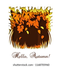 Hello autumn greeting card template with fall trees with yellow, orange and golden falling  leaves and grass and text. Trendy paper cut out style vector illustration.