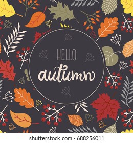 Hello Autumn Greeting Card with Text and Seamless Leaves Pattern