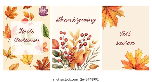 Hello autumn greeting cards with autumn leaves. Set of cards for autumn season and Thanksgiving Day with  leaves and  plants. Watercolor autumn leaves. Vector illustration.