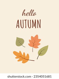 Hello autumn greeting cards. Autumn quotes like Stay Warm, Happy Autumn, Sweater Weather, Welcome Autumn cards.Vector illustration cartoon flat style.