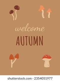 Hello autumn greeting cards. Autumn quotes like Stay Warm, Happy Autumn, Sweater Weather, Welcome Autumn cards.Vector illustration cartoon flat style.