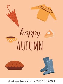 Hello autumn greeting cards. Autumn quotes like Stay Warm, Happy Autumn, Sweater Weather, Welcome Autumn cards.Vector illustration cartoon flat style.