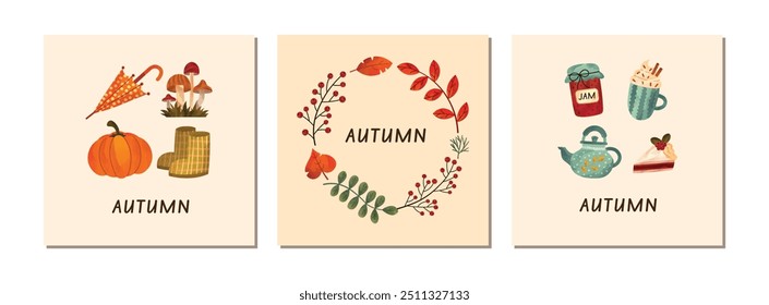 Hello Autumn greeting cards set. Fall warm cozy square posters collection with botanical elements, mushrooms, pumpkin, jam, teapot, cake and a cup of tea or coffee. Watercolor vector illustration.