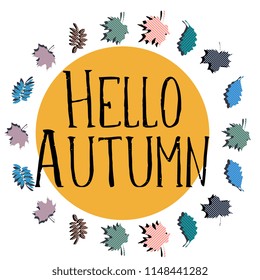 Hello autumn greeting design colorful square background.