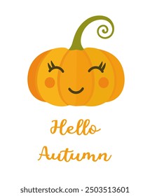 Hello Autumn - Greeting with hand drawn pumpkin. Suitable for greeting card, banner, label, marketing poster, greeting card.
