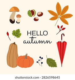 Hello autumn greeting illustration with pumpkins, mushrooms, leaves, berries and umbrella