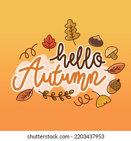 Hello, autumn greeting with autumn leaves elements.