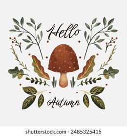 Hello Autumn greeting with leaves  mushroom  pumpkin illustration.