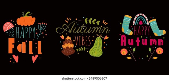 Hello Autumn greeting printing cards template concept set. Vector cartoon design element illustration