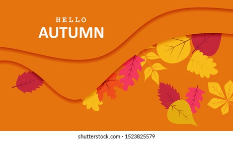 Hello autumn greetings vector design with yellow maple leaf and a background of colorful fall season leaves vector