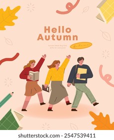 Olá, outono. Grupo de estudantes felizes andando com livros e conversando. Ilustração vetorial.