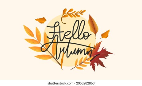 Hola otoño dibujando caligrafía con flores de hoja de flores Otoño, para contenido en línea o web, banner y plantilla, Estilo simple de dibujos animados plano. ilustración Vector EPS 10