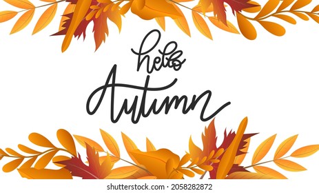 Hola otoño dibujando caligrafía con flores de hoja de flores Otoño, para contenido en línea o web, banner y plantilla, Estilo simple de dibujos animados plano. ilustración Vector EPS 10