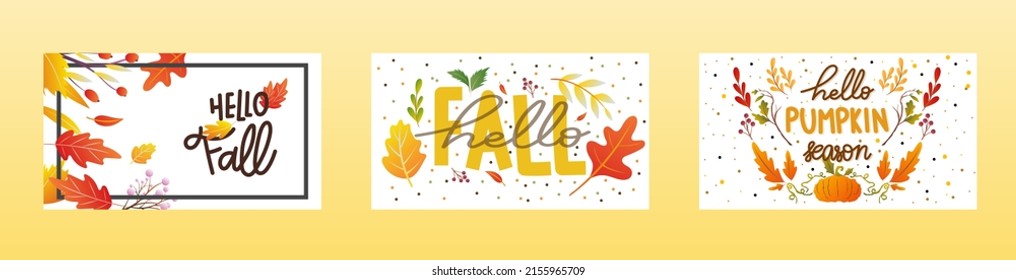 Hola otoño dibujando caligrafía con flores de hoja de flores Otoño, para contenido en línea o web, banner y plantilla, Estilo simple de dibujos animados plano. ilustración Vector EPS 10
