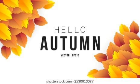 Hello autumn hand drawing calligraphy with leaf Autumn frame , for content online or web, banner and template, Simple cartoon flat style. illustration Vector EPS 10