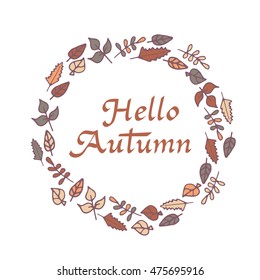 Hello autumn. Hand drawn calligraphic quote created with wide pen isolated on white background. Lettering for your designs with doodle element. Vector illustration.