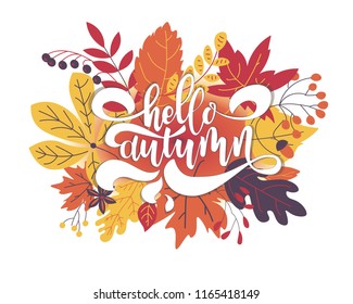 Hello autumn. Hand drawn calligraphy and brush pen lettering. design for holiday greeting card and invitation of seasonal autumn holiday. black on white