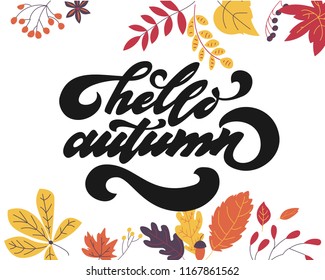 Hello autumn. Hand drawn calligraphy and brush pen lettering. design for holiday greeting card and invitation of seasonal autumn holiday. black on white
