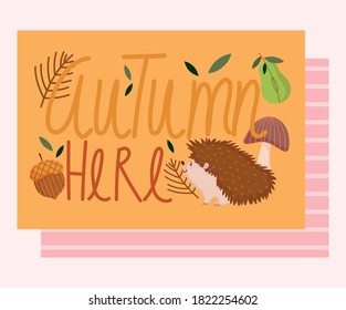 hello autumn, hand drawn card with cute hedgehog mushrooms fruit and leaves vector illustration