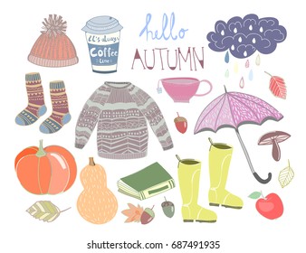 Hello autumn. Hand drawn colored doodle vector set. All elements are isolated