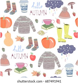 Hello autumn. Hand drawn colored doodle vector seamless pattern