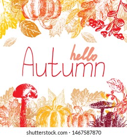 Hello, Autumn! Hand drawn colorful autumn leaves. Sketch design elements. Vector illustration with leaves, mushrooms, pumpkins in the autumn palette. Design for a la banner, card, invitation.