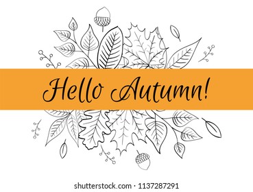 Hello autumn! Hand drawn different colored autumn leaves. Sketch, design elements. Vector illustration.
