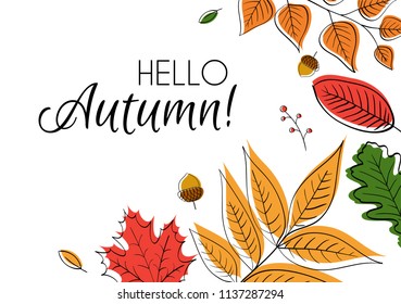 Hello autumn! Hand drawn different colored autumn leaves. Sketch, design elements. Vector illustration.