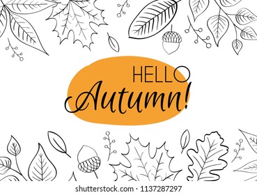 Hello autumn! Hand drawn different colored autumn leaves. Sketch, design elements. Vector illustration.