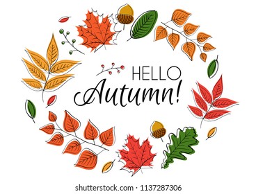 Hello autumn! Hand drawn different colored autumn leaves. Sketch, design elements. Vector illustration.