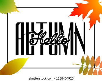 Hello autumn. Hand drawn different colored autumn leaves. Sketch, design elements. Gift card template. Vector illustration EPS