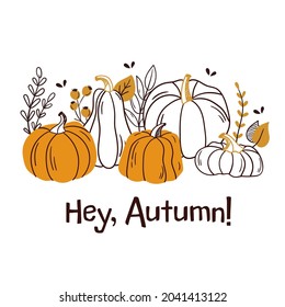 Hello, autumn! Hand drawn different colored autumn leaves.  Design elements. Vector illustration