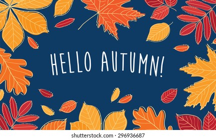Hello autumn! Hand drawn different colored autumn leaves. Sketch, design elements. Vector illustration.