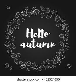 Hello autumn. Hand drawn different colored autumn leaves. Sketch, design elements. Vector illustration.