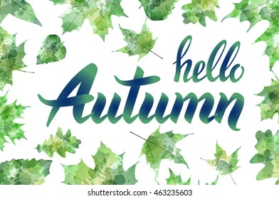 Hello autumn. Hand drawn different colored leaves. Sketch, design elements. Vector illustration. art
