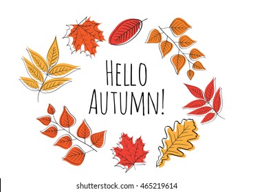 Hello autumn! Hand drawn different colored autumn leaves. Sketch, design elements. Vector illustration.