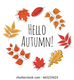 Hello autumn! Hand drawn different colored autumn leaves. Sketch, design elements. Vector illustration.