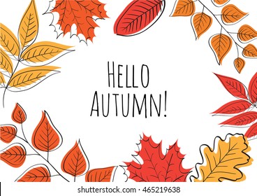 Hello Autumn! Hand Drawn Different Colored Autumn Leaves. Sketch, Design Elements. Vector Illustration.